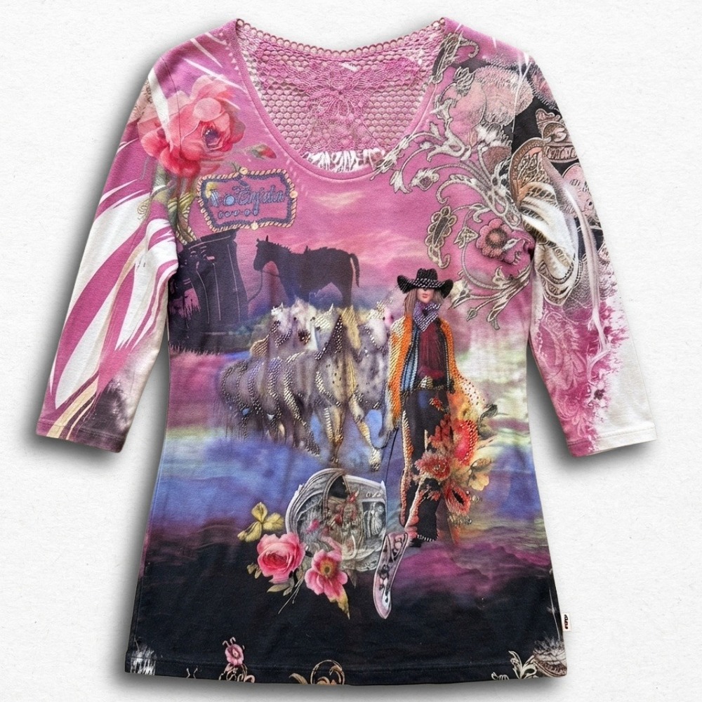 Cover Charge Cowgirl Horse Graphic Tunic Top Pink Crochet V-Neck XL Rhinestone